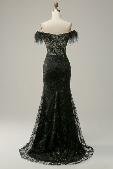 Mermaid Off the Shoulder Black Long Ball Dress with Feather